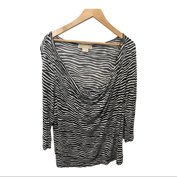 MICHAEL KORS STRIPED BLACK WHITE ZEBRA PRINT DRAPED NECK 3/4 LENGTH TOP SZ 2X - Picture 3 of 8
